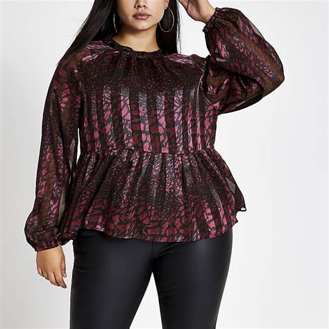 Plus Purple Printed Long Sleeve Blouse River Island