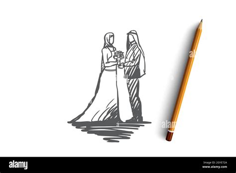 Wedding Groom Bride Couple Muslim Concept Hand Drawn Muslim