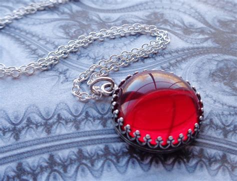 Ruby Red Amulet Necklace Red Cabochon Glass By Purplemoontshop