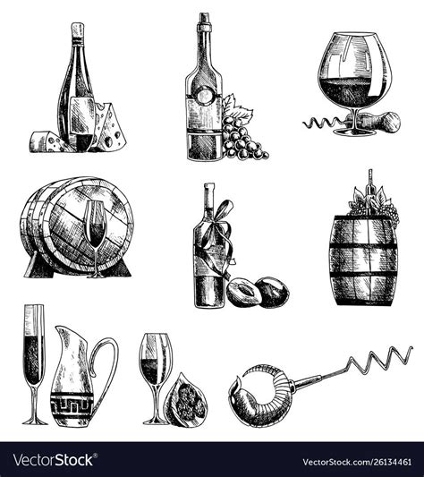 Hand Drawn Sketch Wine Set Objects Vector Image On Vectorstock How To