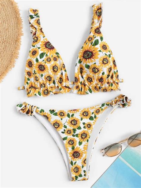 Random Frilled Strap Knot Back Sunflower Bikini Set SHEIN SHEINSIDE