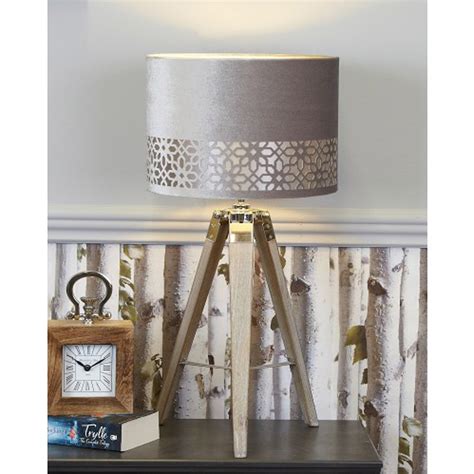 Medium Wood Tripod Table Lamp With Grey Shade Grey Table Lamps