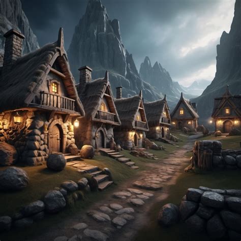 Small Dwarven Village Stone Houses Dramatic Fantasy