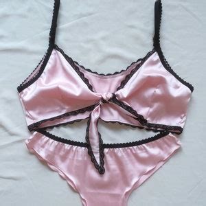 Pink Satin Lingerie Set Pink Bralette French Panty Romantic