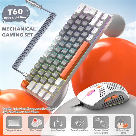 T60Pro Wired Gaming Keyboard and Mouse Set, Compact 60% UK Layout Ligh