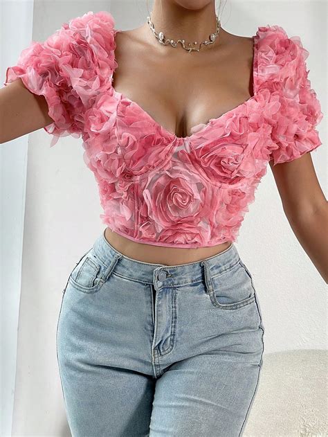 Shein Bae Floral Appliques Sweetheart Neck Puff Sleeve Crop Top Shein Usa