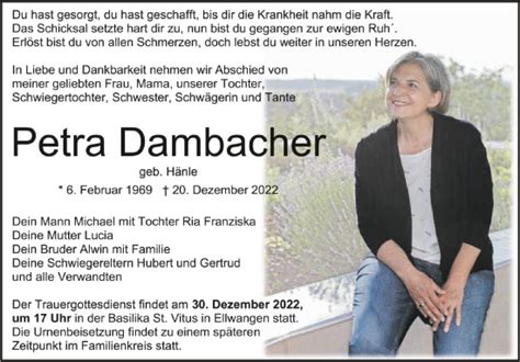 Traueranzeigen Von Petra Dambacher Schwaebische De Trauerportal