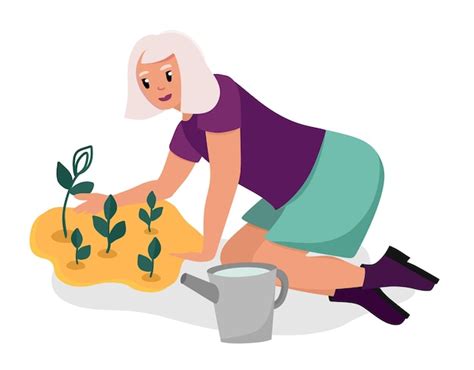 Premium Vector An Older Woman A Grandmother Is Planting Plants In The