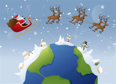 Santa Sleigh And Reindeer Flying Around The World Stock Illustration