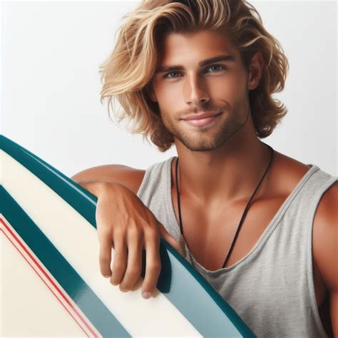 A Handsome Blonde Surfer Man With Surf Board Isolated On White Background Premium AI Generated