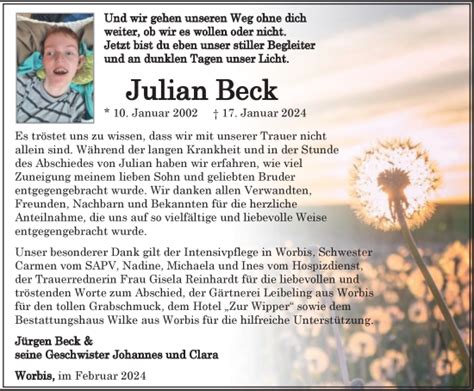 Traueranzeigen Von Julian Beck Trauer In Thueringen De