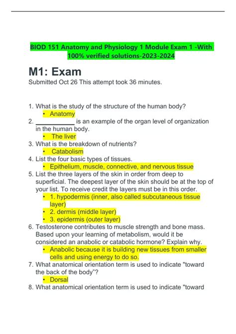 BIOD 151 Anatomy And Physiology 1 Module Exam 1 With 100 Verified