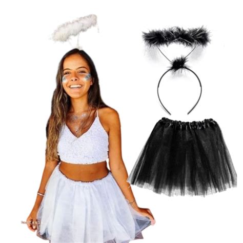 Fantasia Anjo Tiara E Saia De Tule Preta Ou Branca Fantasia Halloween