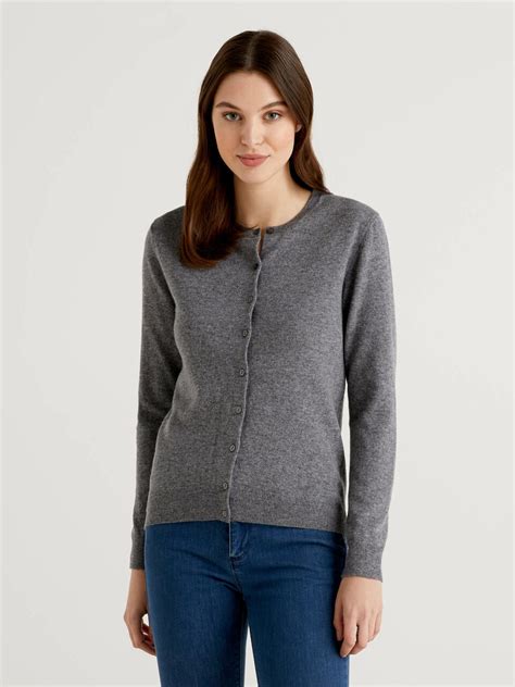 Dark Gray Crew Neck Cardigan In Pure Virgin Wool