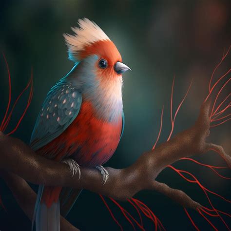 Una pintura de un pájaro con plumas rojas y azules y una cabeza roja