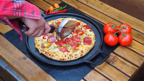 Pitmaster King 4pc Cast Iron Pizza Stone Round Griddle Skillet With Handles Pizza Cutter