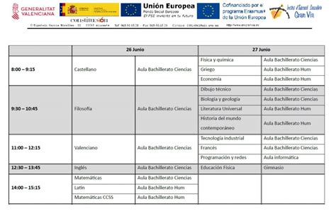 1º bachillerato Horario de exámenes extraordinarios 26 y 27 de junio