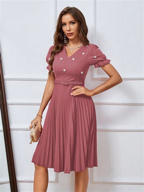 Shein Priv Pearls Decor Puff Sleeve Frill Trim Pleated Hem Dress