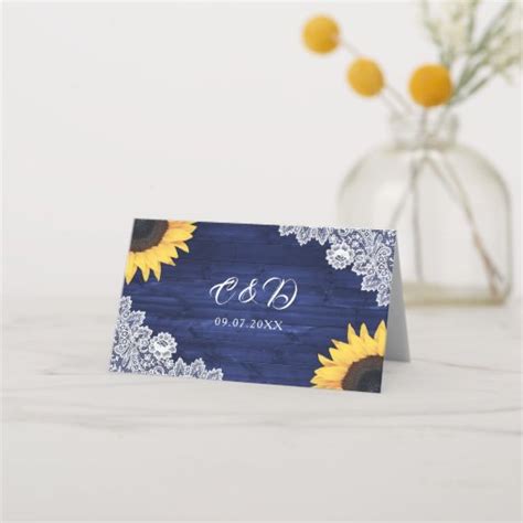 Navy Blue Sunflower Rustic Wood Lights Wedding Place Card Zazzle