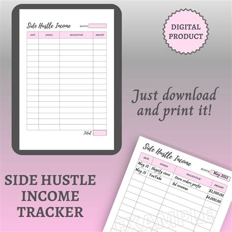 Self Employed Income Tracker Printable Side Hustle Tracker Etsy