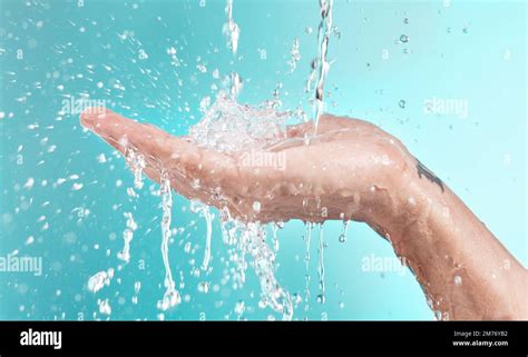 Beauty Cleaning And Hand Of Man With Water Splash For Self Care