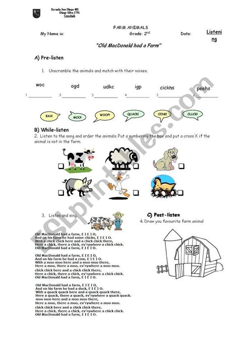 Old Macdonald Had A Farm Esl Worksheet By Burbujanm