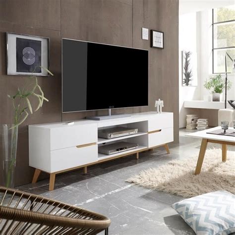 Meuble TV Blanc Avec Pieds Bois Vintage 169x46cm Achat Vente Meuble