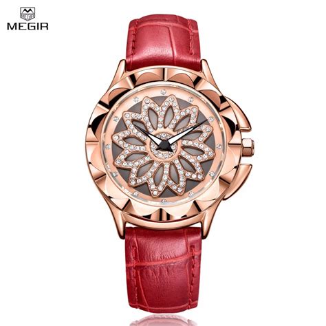 Megir Womens Red Leather Strap Quartz Watches With Luminous Hands