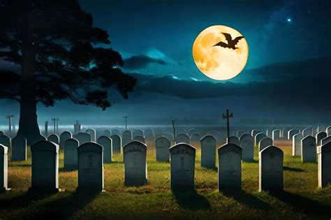 La Luna Llena Brilla Sobre Un Cementerio Por La Noche Foto Premium