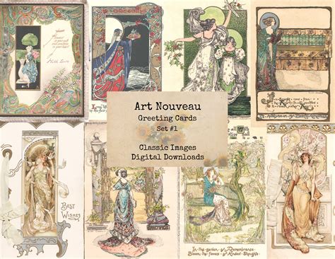 Art Nouveau Greeting Cards Set 1 Holiday Postcards Digital Etsy