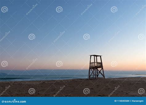 A Lifeguard Tower on the Mediterranean Beach at Sunset Stock Photo ...