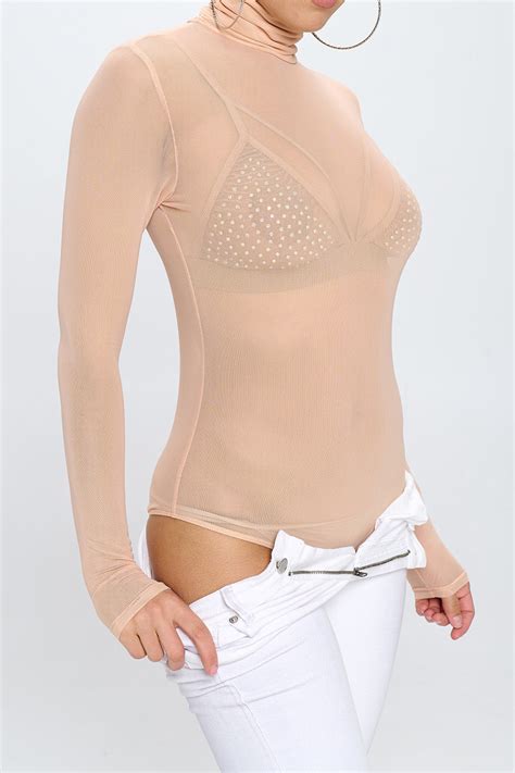 Mock Neck Long Sleeve Mesh Bodysuit Ohyes Fashion