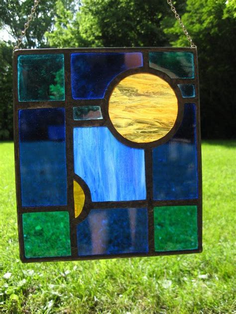 Rectangle Stained Glass Panel Blue Green And Yellowish Stained Glass Mosaic Stained Glass