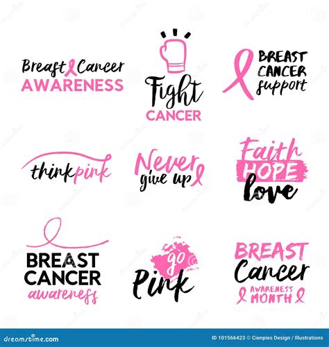 Breast Cancer Awareness Hand Drawn Text Quote Set Stock Vector