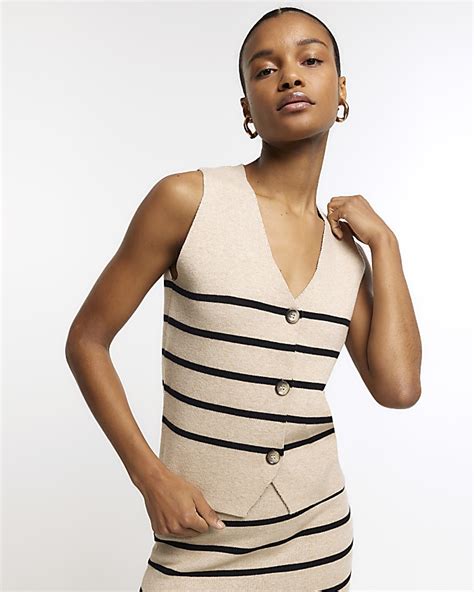 Beige Knit Stripe Waistcoat River Island