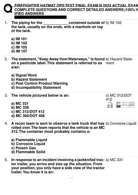 FIREFIGHTER HAZMAT OPS TEST FINAL EXAM N 2024 ACTUAL EXAM COMPLETE QUESTIONS AND CORRECT