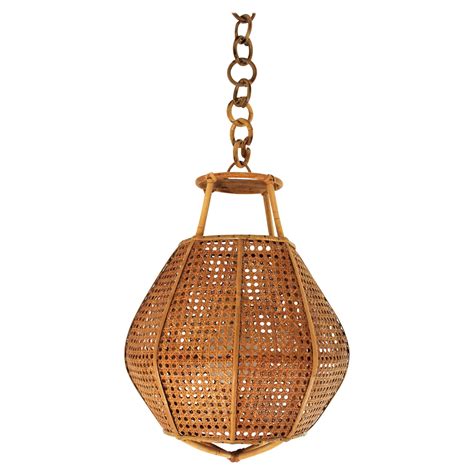 Italian Modernist Wicker Wire And Rattan Pendant Hanging Light 1950s