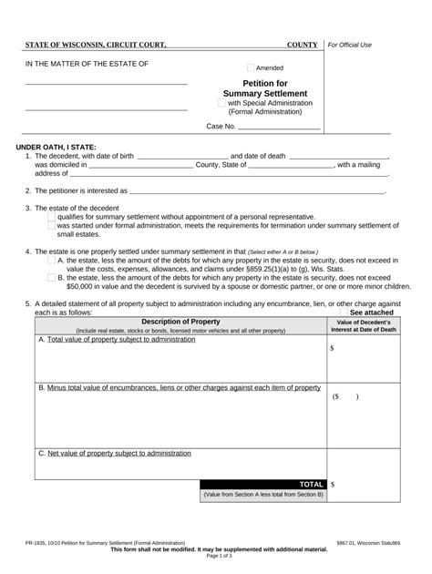 Summary Settlement Petition Wisconsin Form Fill Out And Sign