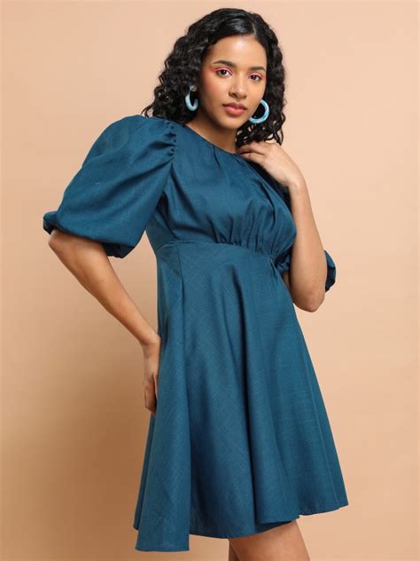 Buy Tokyo Talkies Blue Solid Fit Flare Dress For Women Online At Rs