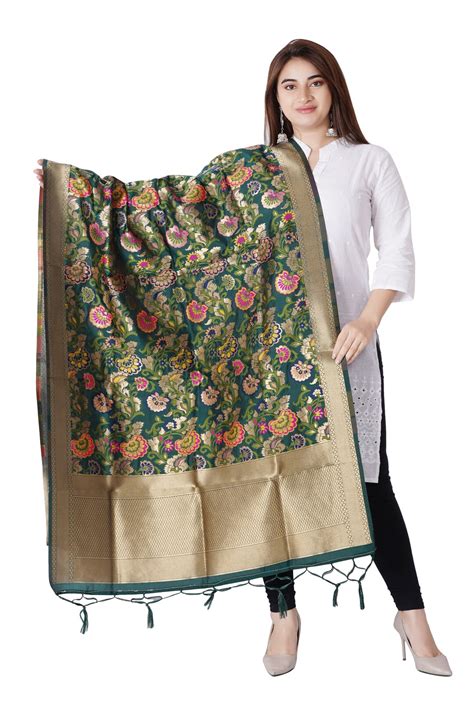 Women S Silk Printed Banarasi Dupatta Chunni Color Dark Green Free