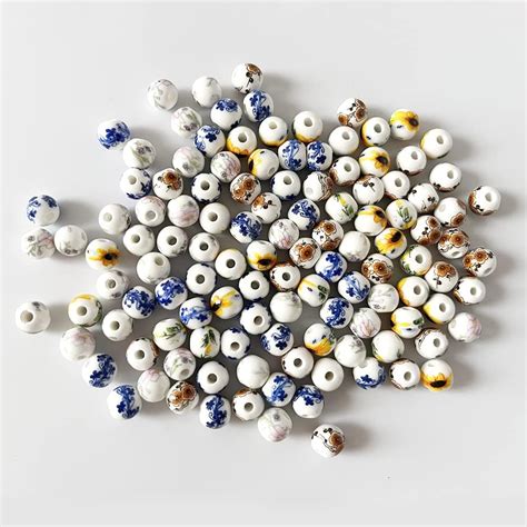 120pcs 8mm Porcelain Beads Flower Printed Ceramic Beads Chinese Handmade Spacer