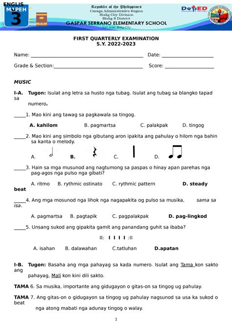 Q Pt Mapeh Quarterly Assessments First Quarterly Examination S