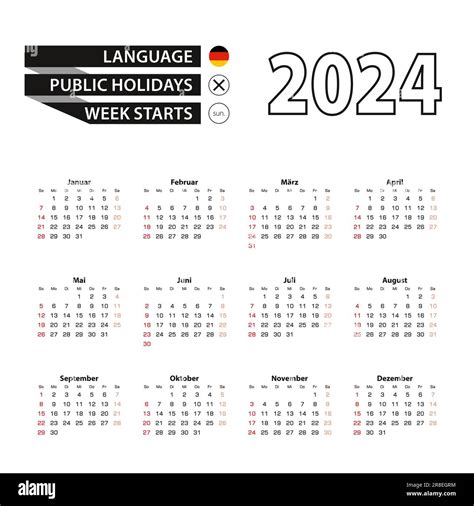 2024 calendar in German language, week starts from Sunday. Vector ...