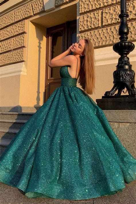 Shiny V Neck Dark Green Long Prom Dress Sparkly Dark Green Formal Gra