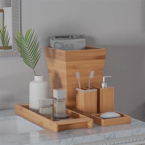 Bamboo Bath Accessories Piece Set Natural Wood Tray Lotion Dispenser