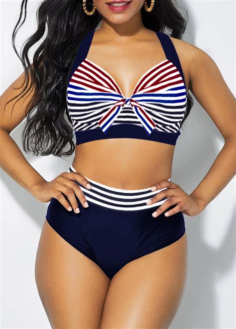 Rotita Knot Detail Stripe Print High Waist Bikini Set Rotita