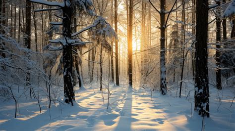 Winter Forest Sunrise Snowy Woods Sunlight Peaceful Snow Covered