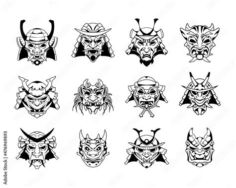 Samurai Mask Hand Drawn Japanese Warrior Helmet Tattoo Medieval Bushido Demon Engraving Asian