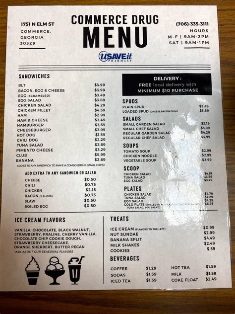 Menu at Commerce Drug Lunch Counter cafe, Commerce