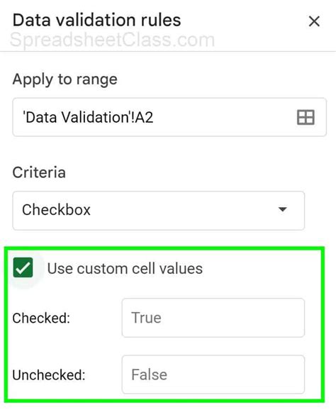 Choosing Custom Values When Inserting A Checkbox With Data Validation